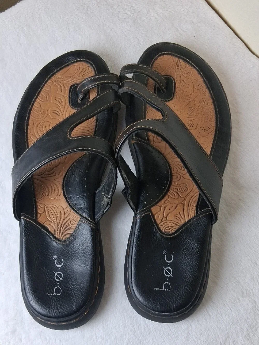 b.o.c. Black Slide Sandals with Tan Embossed Footbed